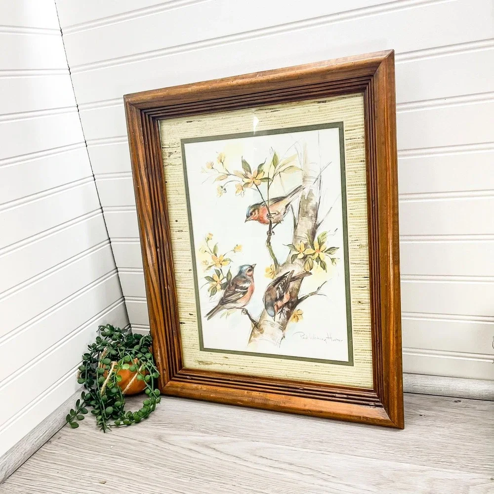 Vintage Bird Painting Print by Paul Whitney Hunter in Wooden Frame‎